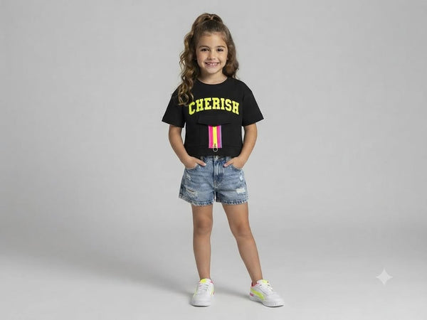 Kids Black Cherish Printed Cotton Half Sleeve T-Shirt with Front Zip Pocket