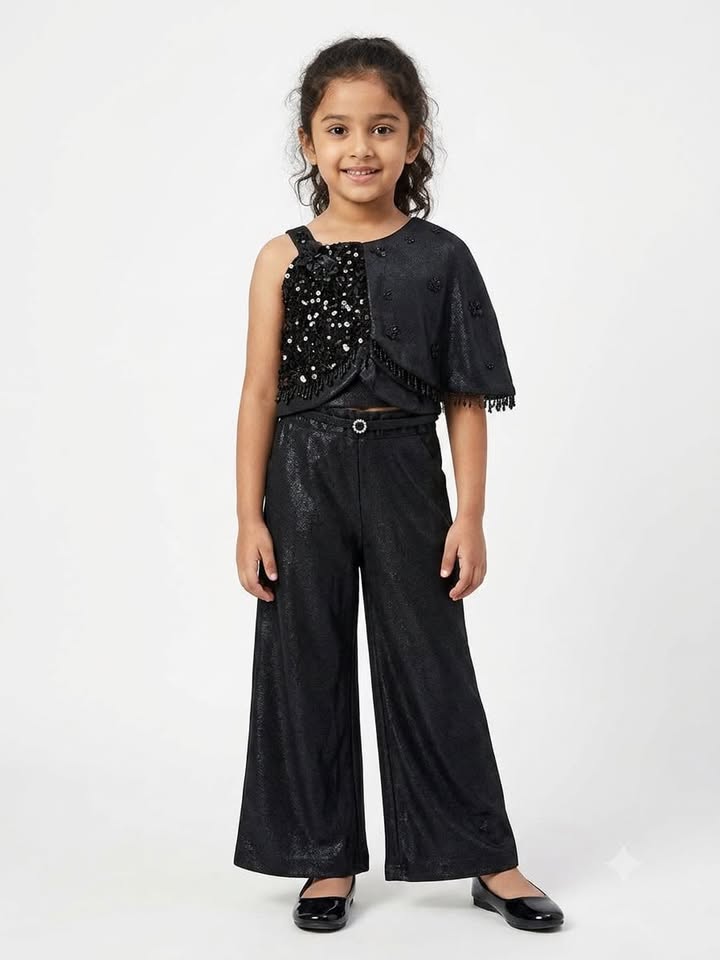 GIRLS BLACK ASYMMETRICAL JUMPSUIT WITH DRAPE DETAIL