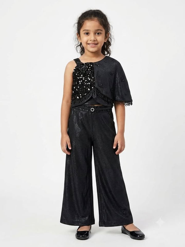 GIRLS BLACK ASYMMETRICAL JUMPSUIT WITH DRAPE DETAIL
