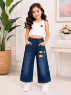 GIRLS DARK BLUE JEANS WITH VINTAGE ACCENT PATCHES