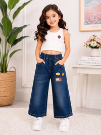 GIRLS DARK BLUE JEANS WITH VINTAGE ACCENT PATCHES