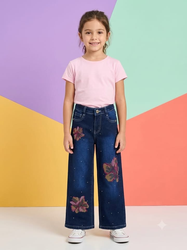 Dark Blue Wide Leg Denim Jeans with Floral Embellishment