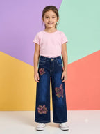 Dark Blue Wide Leg Denim Jeans with Floral Embellishment