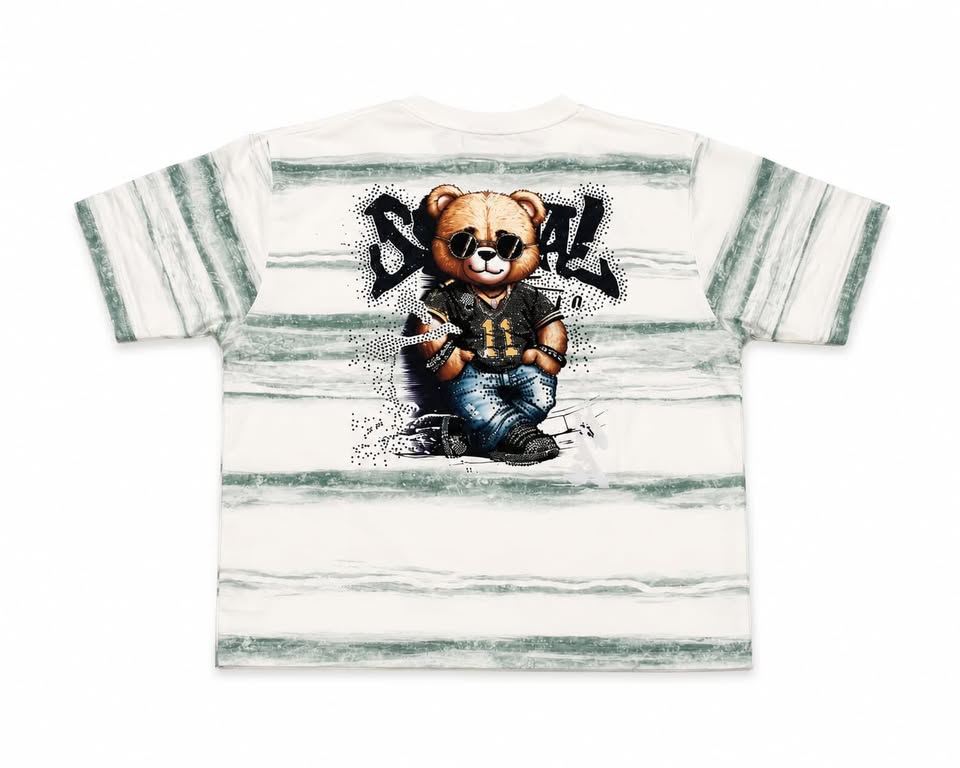Boys White Striped Teddy Print Half Sleeve Round Neck T-Shirt