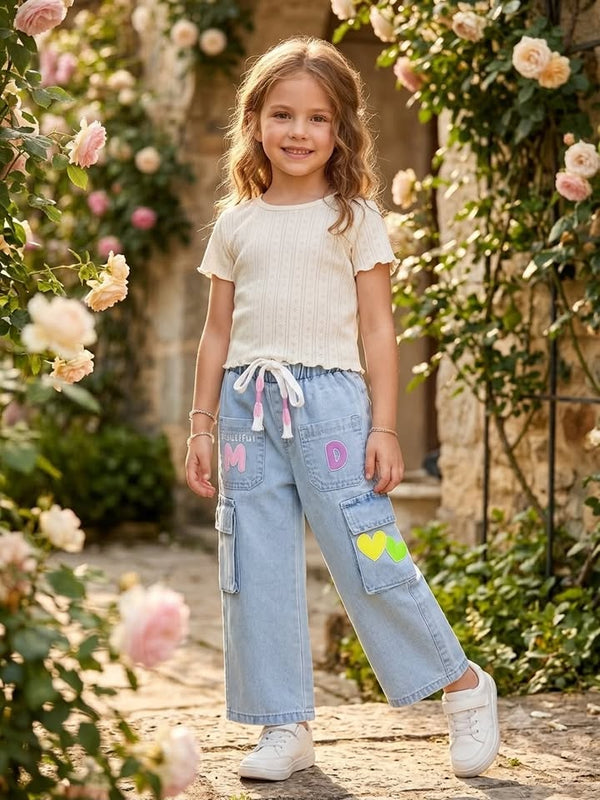 GIRLS LIGHT BLUE JEANS WITH HEART AND LETTER GRAPHICS