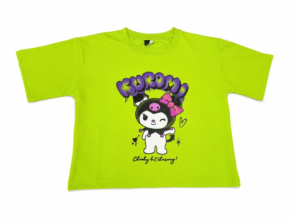 Kids Neon Green Kuromi Graphic Cotton Half Sleeve T-Shirt