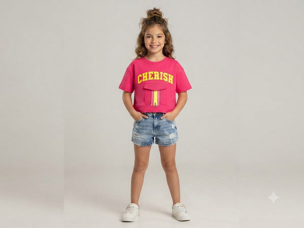 Pink Cherish Printed Cotton Half Sleeve T-Shirt with Front Zip Pocket