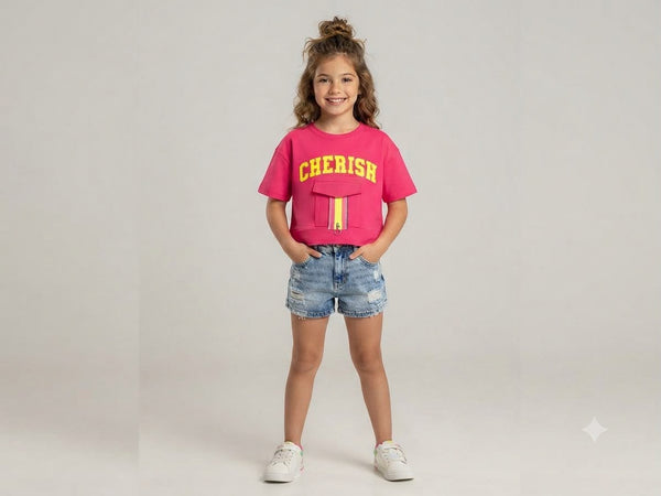 Pink Cherish Printed Cotton Half Sleeve T-Shirt with Front Zip Pocket