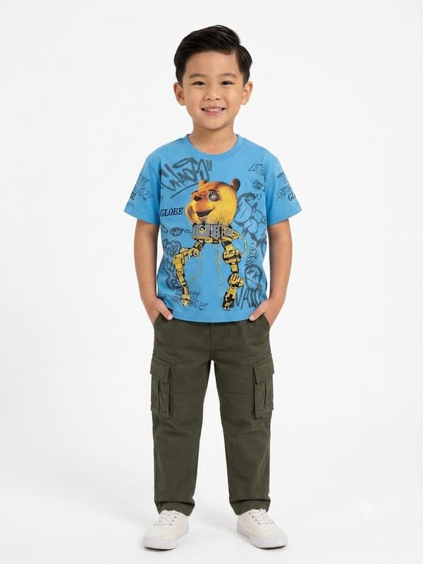 Boys' Blue Graphic Print Half Sleeve Cotton T-Shirt