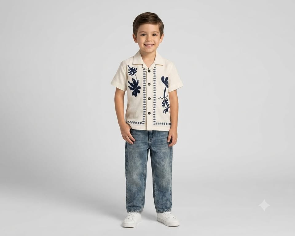 Boys Cream Short-Sleeve Floral Print Shirt