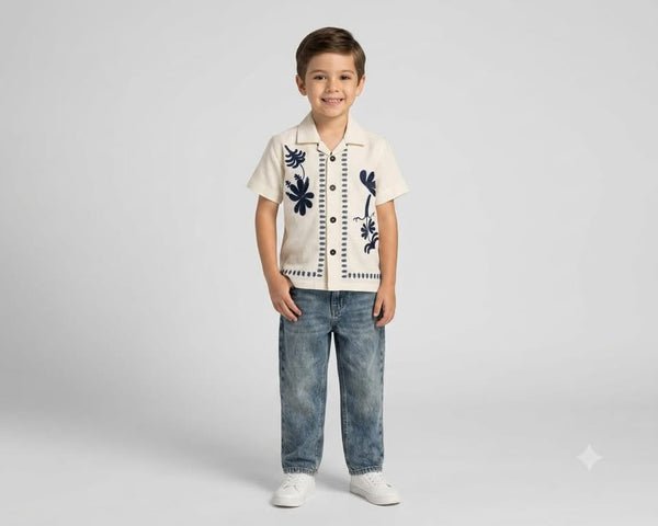 Boys Cream Short-Sleeve Floral Print Shirt