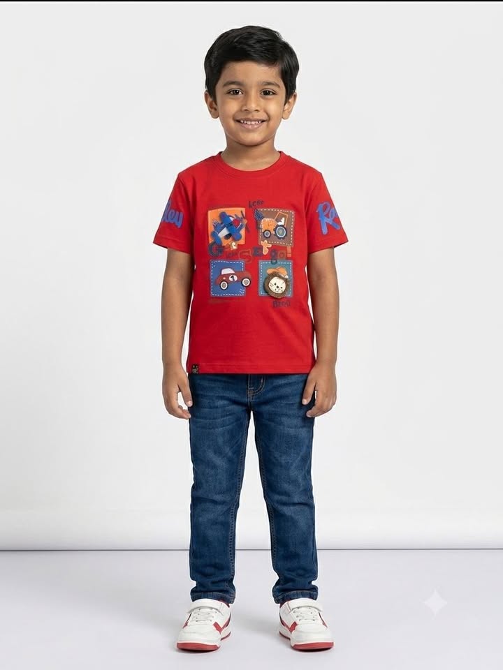 Boys Red Graphic Printed Half Sleeve Cotton T-Shirt