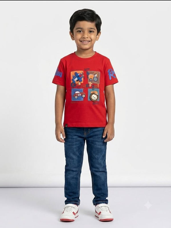 Boys Red Graphic Printed Half Sleeve Cotton T-Shirt