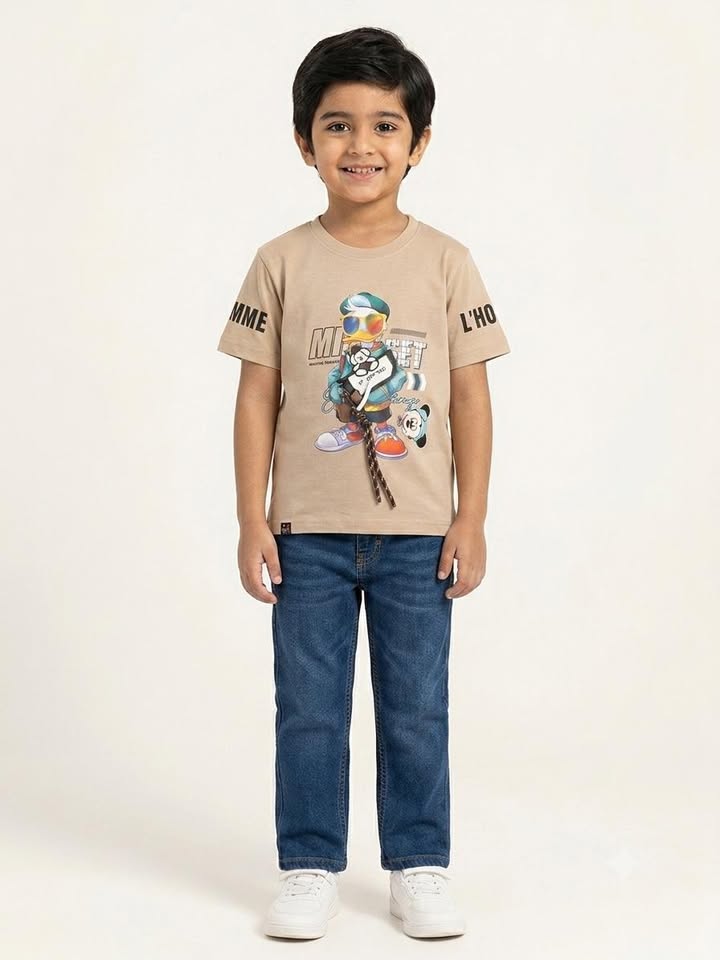 Boys Beige Cartoon Graphic Printed Half Sleeve Cotton T-Shirt