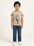 Boys Beige Cartoon Graphic Printed Half Sleeve Cotton T-Shirt