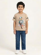 Boys Beige Cartoon Graphic Printed Half Sleeve Cotton T-Shirt