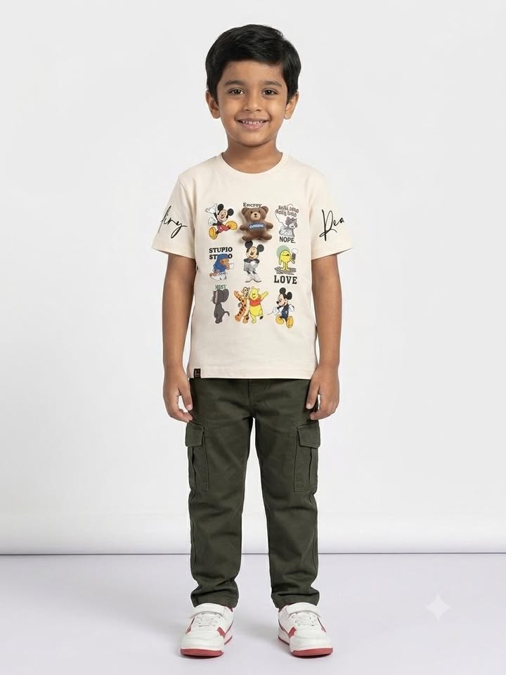 Boys Cream Cartoon Graphic Printed Half Sleeve Cotton T-Shirt