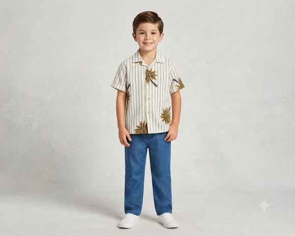Boys Sunflower Print Short-Sleeve Striped Shirt