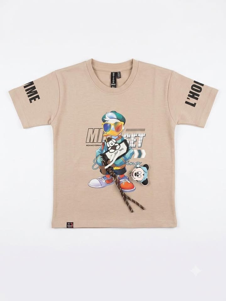 Boys Beige Cartoon Graphic Printed Half Sleeve Cotton T-Shirt