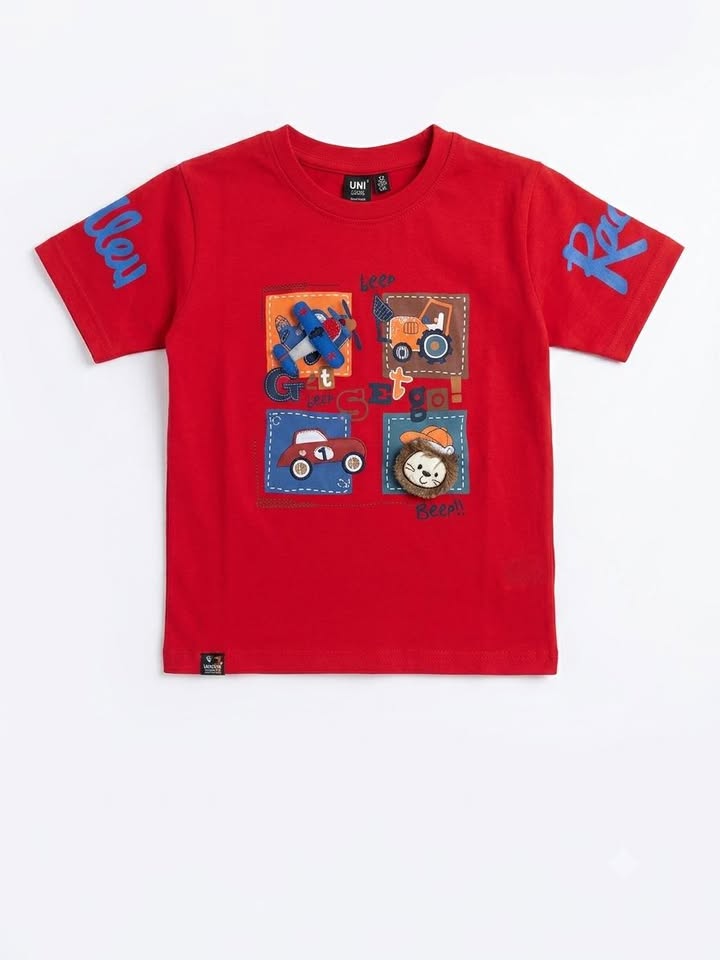 Boys Red Graphic Printed Half Sleeve Cotton T-Shirt
