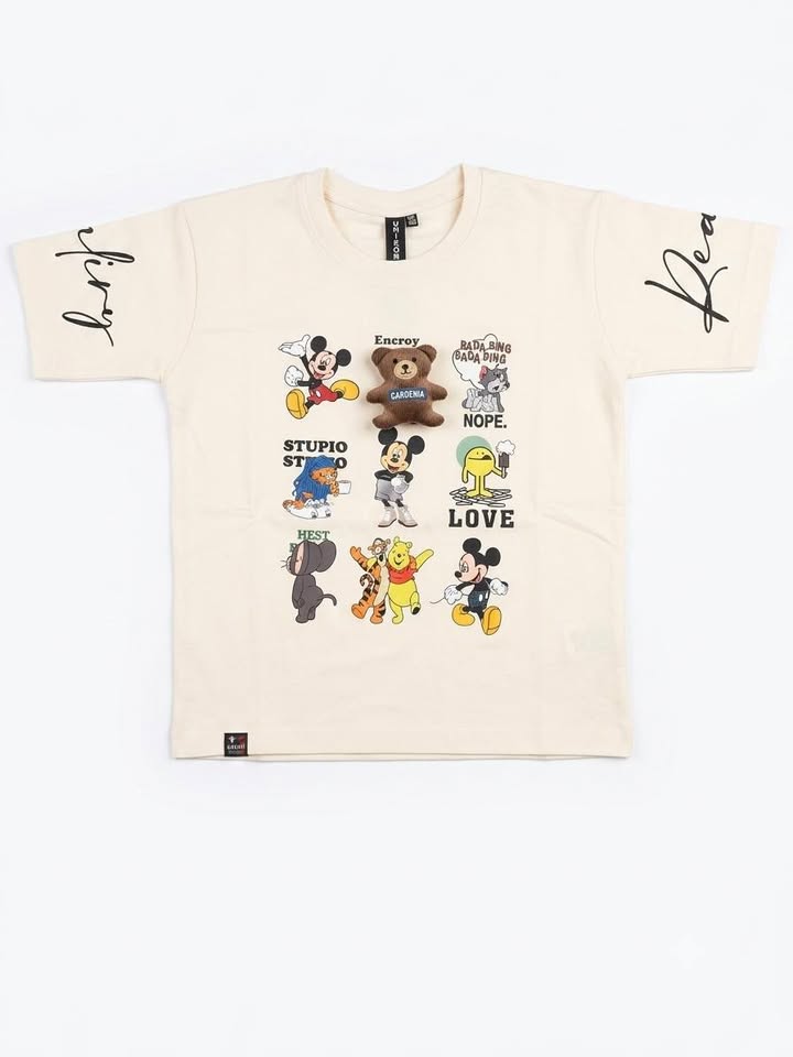 Boys Cream Cartoon Graphic Printed Half Sleeve Cotton T-Shirt