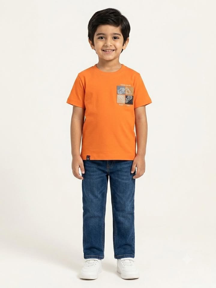 Boys' Orange Graphic Print Half Sleeve Cotton T-Shirt