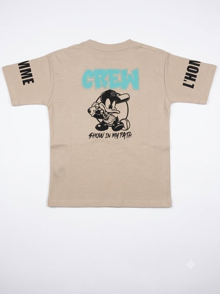Boys Beige Cartoon Graphic Printed Half Sleeve Cotton T-Shirt