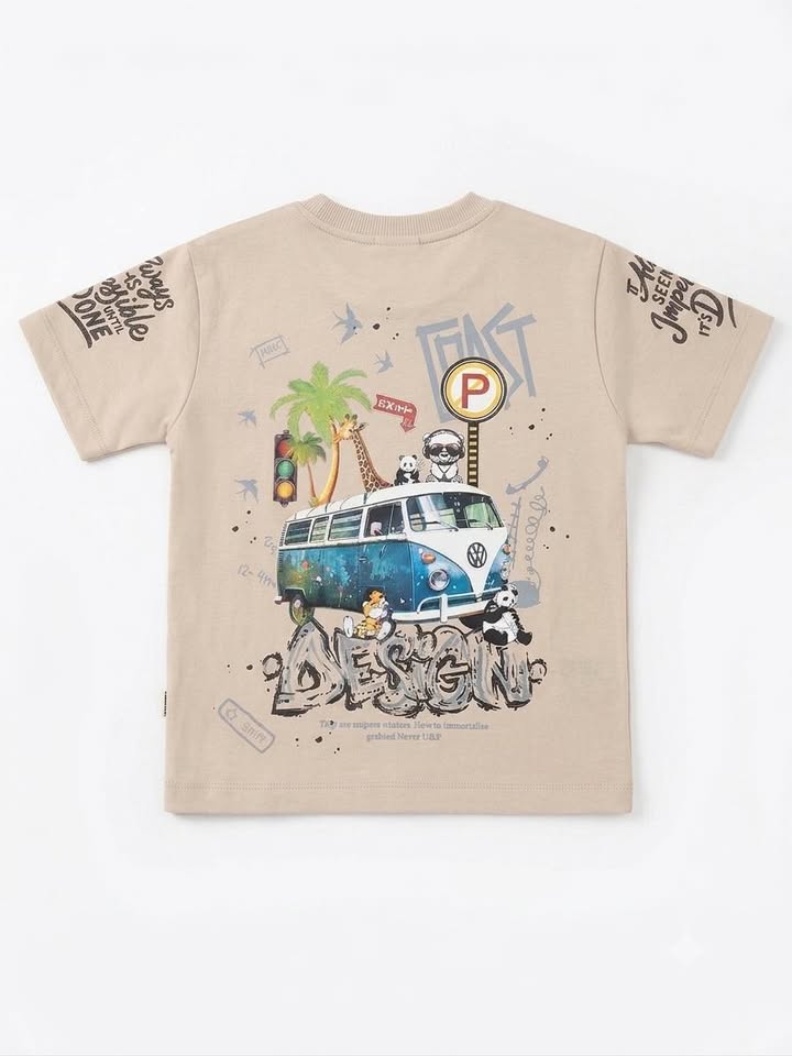 Boys' Beige Graphic Print Half Sleeve Cotton T-Shirt