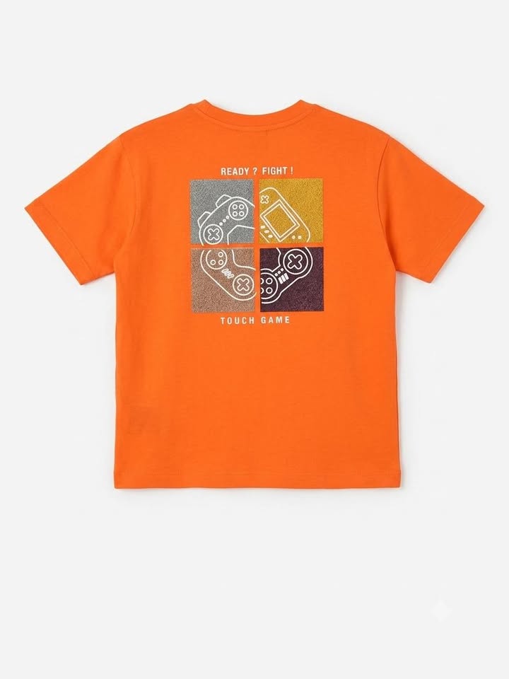 Boys' Orange Graphic Print Half Sleeve Cotton T-Shirt