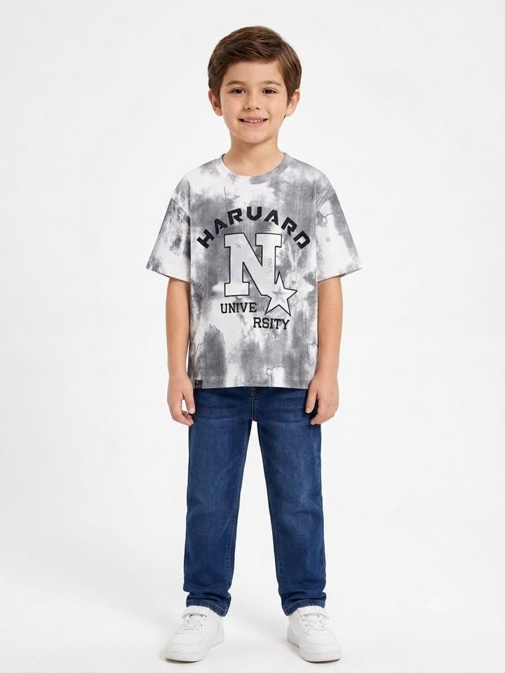 Boys' Grey Tie-Dye Graphic Print Half Sleeve Cotton T-Shirt