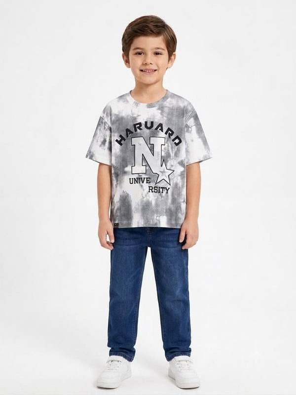Boys' Grey Tie-Dye Graphic Print Half Sleeve Cotton T-Shirt