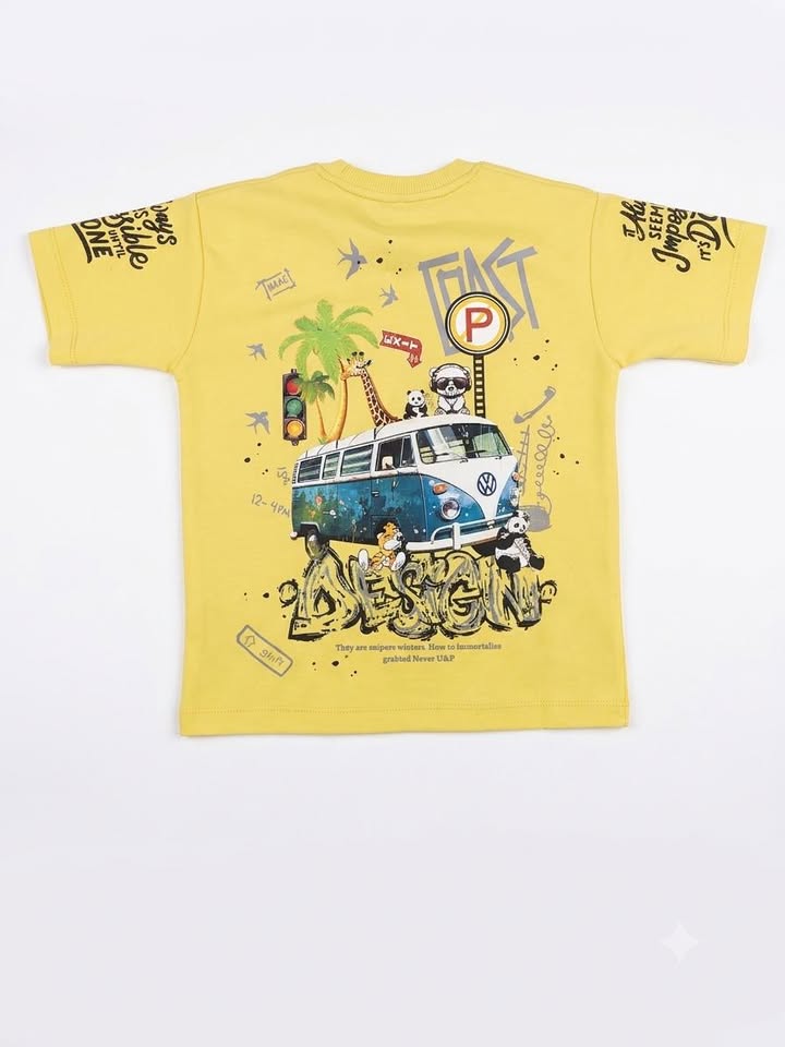 Boys' Yellow Graphic Print Half Sleeve Cotton T-Shirt