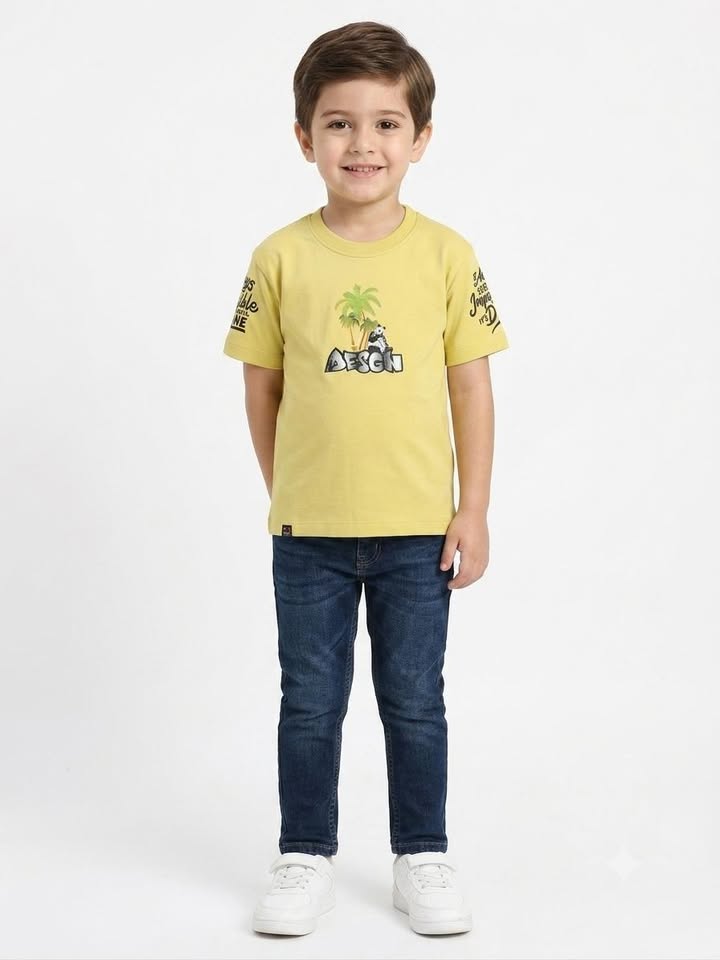Boys' Yellow Graphic Print Half Sleeve Cotton T-Shirt