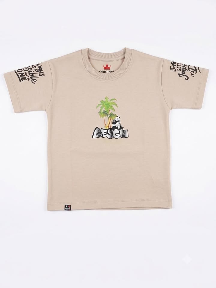 Boys' Beige Graphic Print Half Sleeve Cotton T-Shirt
