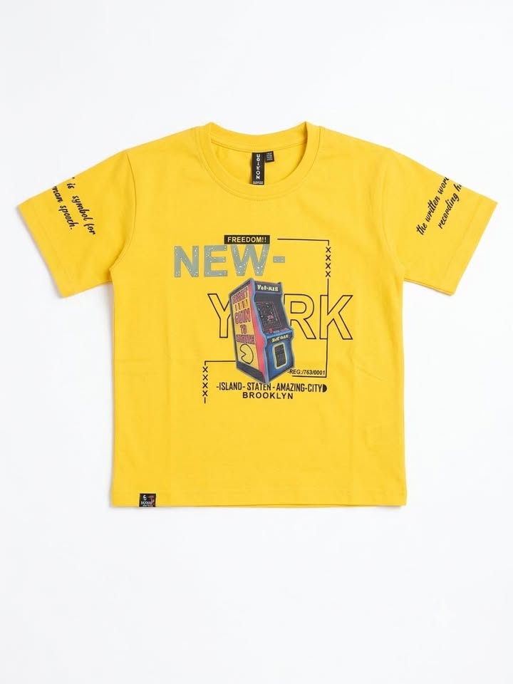 Boys Yellow New York Graphic Printed Half Sleeve Cotton T-Shirt