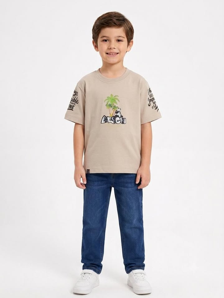 Boys' Beige Graphic Print Half Sleeve Cotton T-Shirt