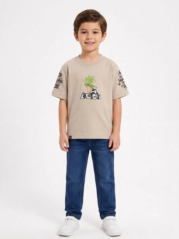 Boys' Beige Graphic Print Half Sleeve Cotton T-Shirt