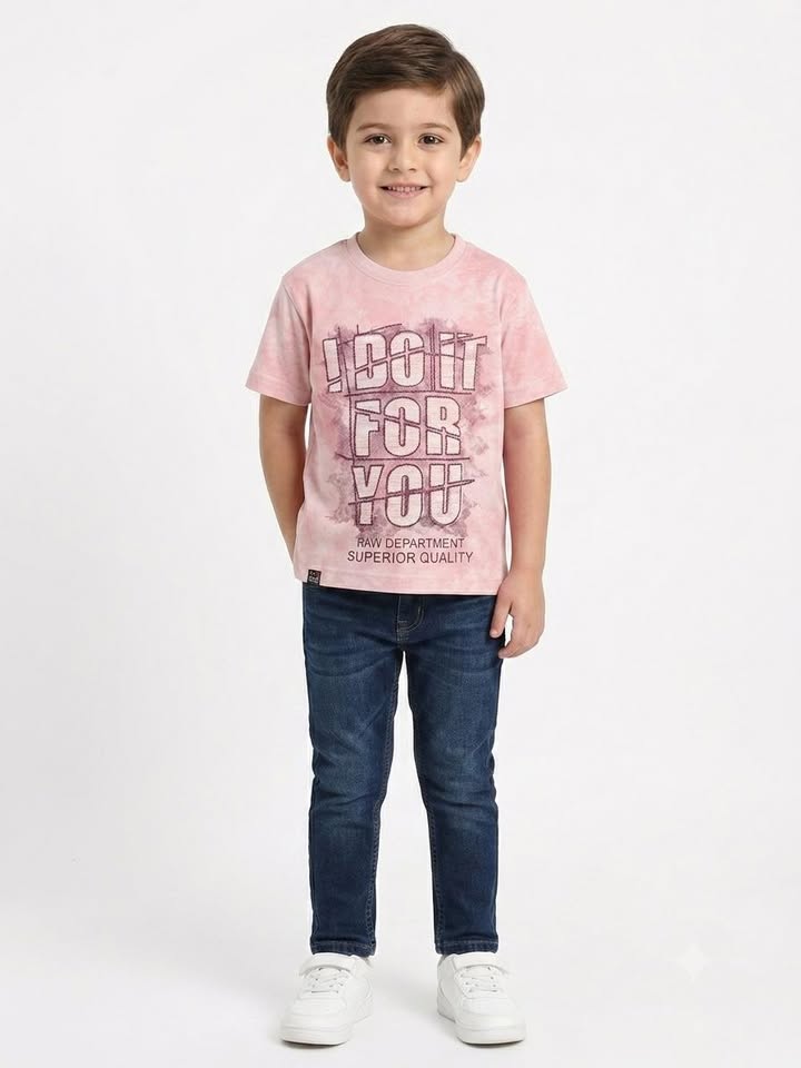 Boys Pink Tie-Dye Typography Print Cotton T-Shirt