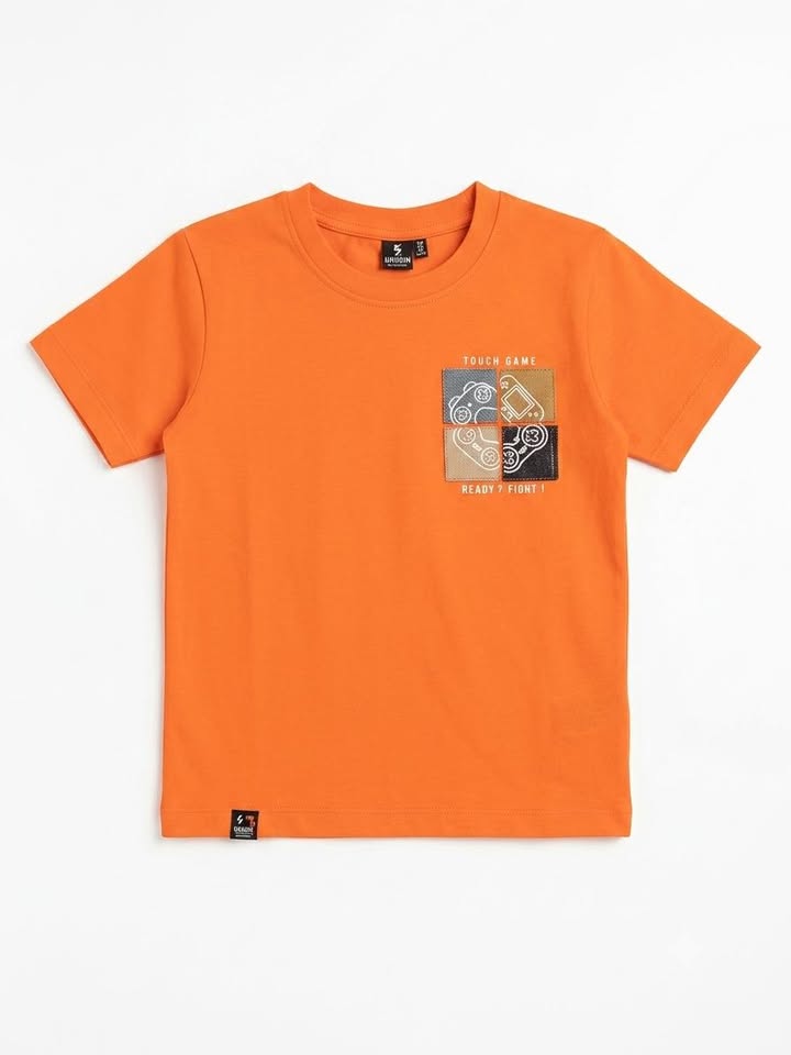 Boys' Orange Graphic Print Half Sleeve Cotton T-Shirt