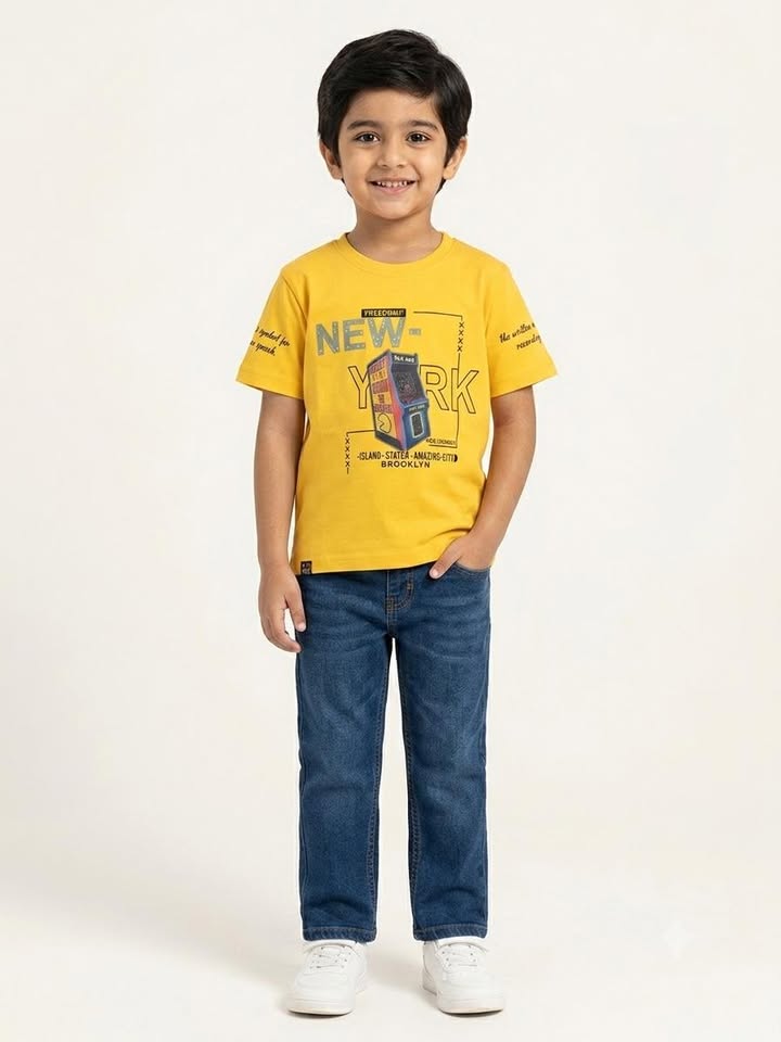 Boys Yellow New York Graphic Printed Half Sleeve Cotton T-Shirt