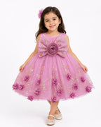 Girls' Premium Pink Floral Tulle Party Wear Frock with 3D Rosette Bow – Elegant Sleeveless Princess Dress