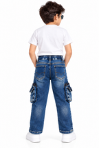 Boys Dark Blue Printed Denim Cargo Jeans with Adjustable Drawstring Waist, Multiple Utility Pockets and Graphic Patch Detailing – Stylish Casual Wear