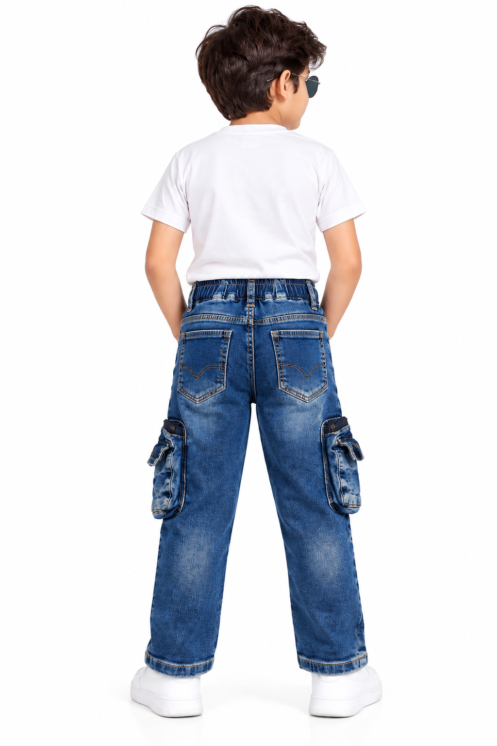 Boys Dark Blue Printed Denim Cargo Jeans with Adjustable Drawstring Waist, Multiple Utility Pockets and Graphic Patch Detailing – Stylish Casual Wear