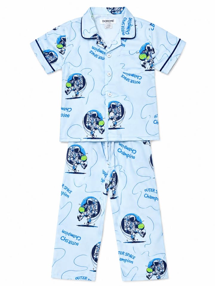 Boys Blue Space Explorer Printed Cotton Night Suit Set