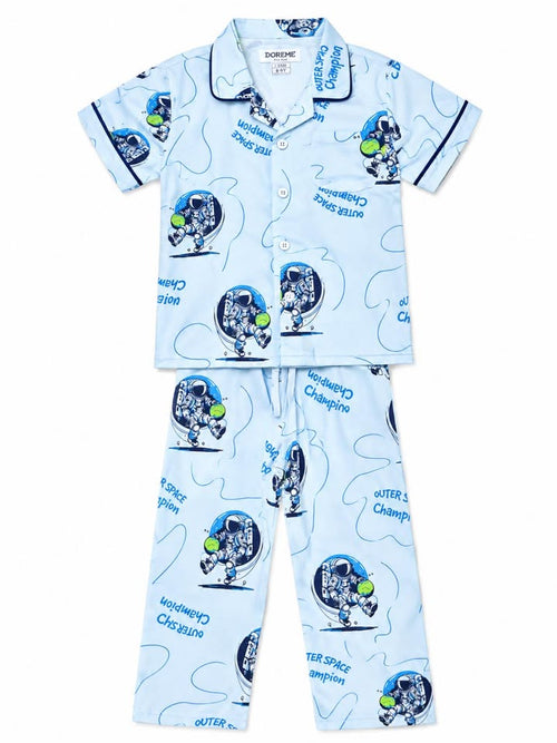 Boys Blue Space Explorer Printed Cotton Night Suit Set