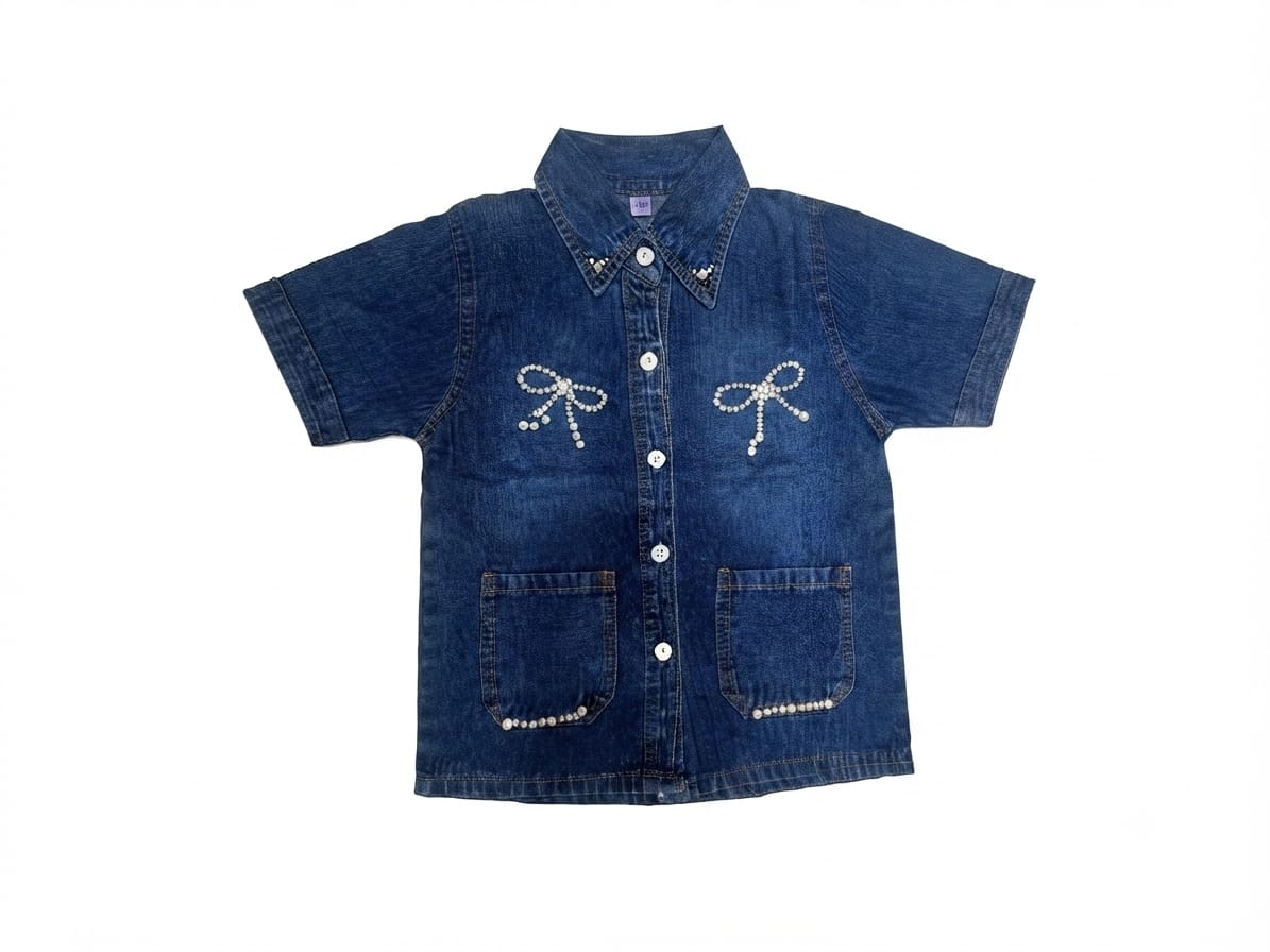 Dark Blue Embellished Girls Denim Shirt