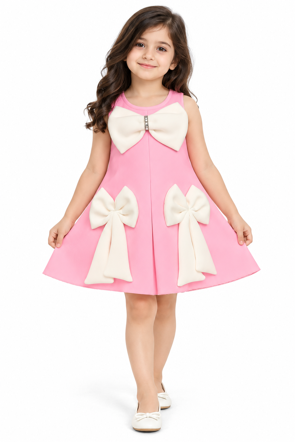 Girls Pink Sleeveless Party Wear Dress with Large White Bow Detailing, Decorative Rhinestone Accent and Flared A-Line Skirt – Stylish Designer Dress
