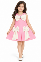 Girls Pink Sleeveless Party Wear Dress with Large White Bow Detailing, Decorative Rhinestone Accent and Flared A-Line Skirt – Stylish Designer Dress