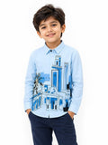Boys Light Blue City Graphic Printed Long Sleeve Shirt