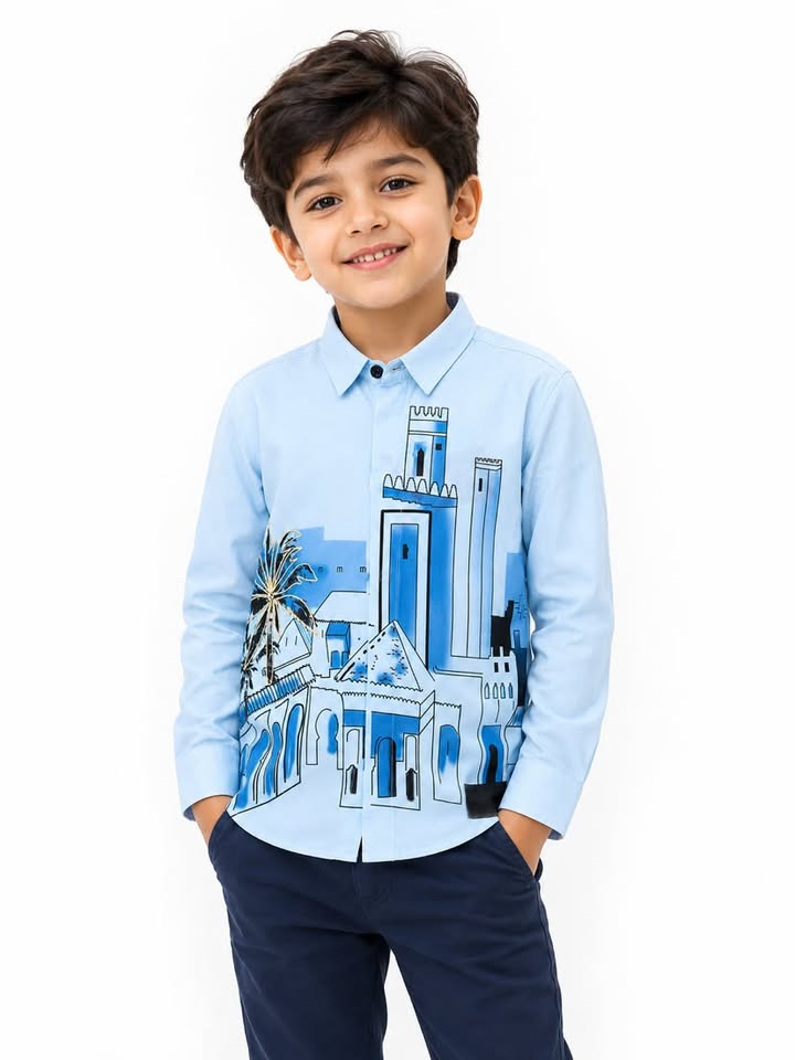 Boys Light Blue City Graphic Printed Long Sleeve Shirt